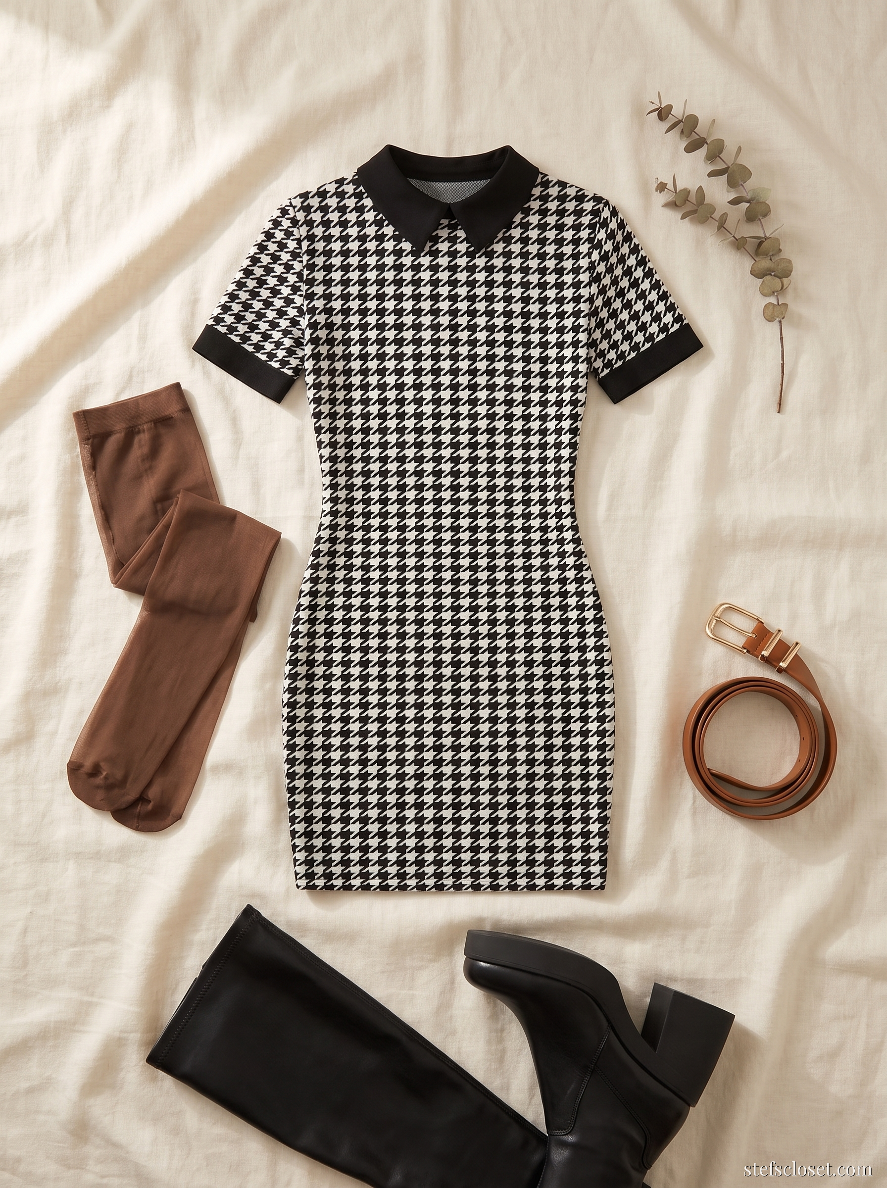 Houndstooth, Booted — Houndstooth contrast-cuff dress, Coffee sheer tights, Cognac leather belt, Black under-knee platform boots