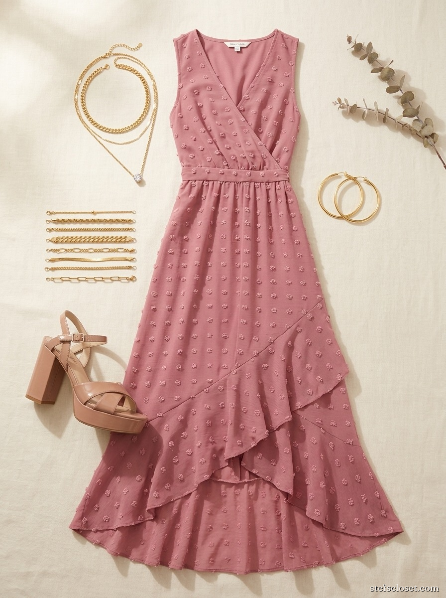 Dusty Rose Column — Dusty rose maxi dress, Blush platform sandals, Gold layered necklace, Gold bracelet stack
