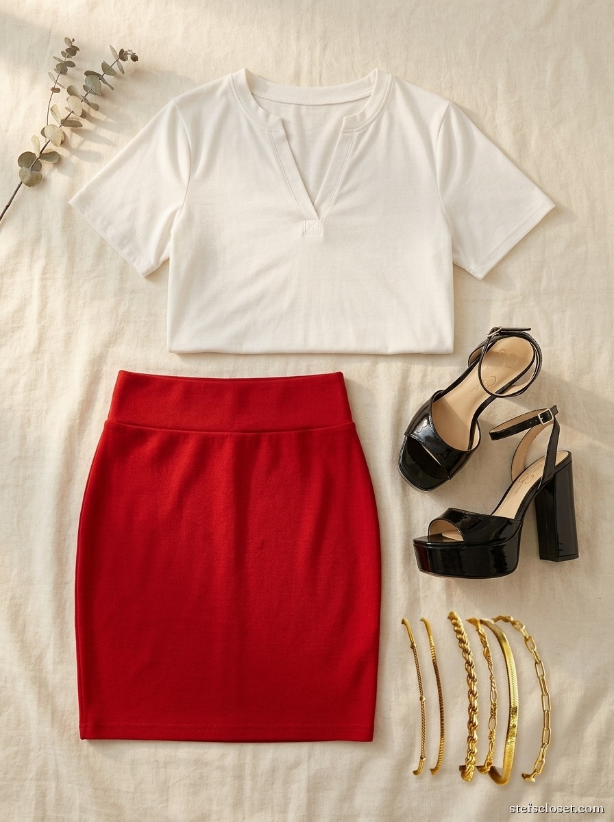Chalk & Red — White v-neck tee, Red pencil skirt, Black patent platform sandals, Gold bracelet stack