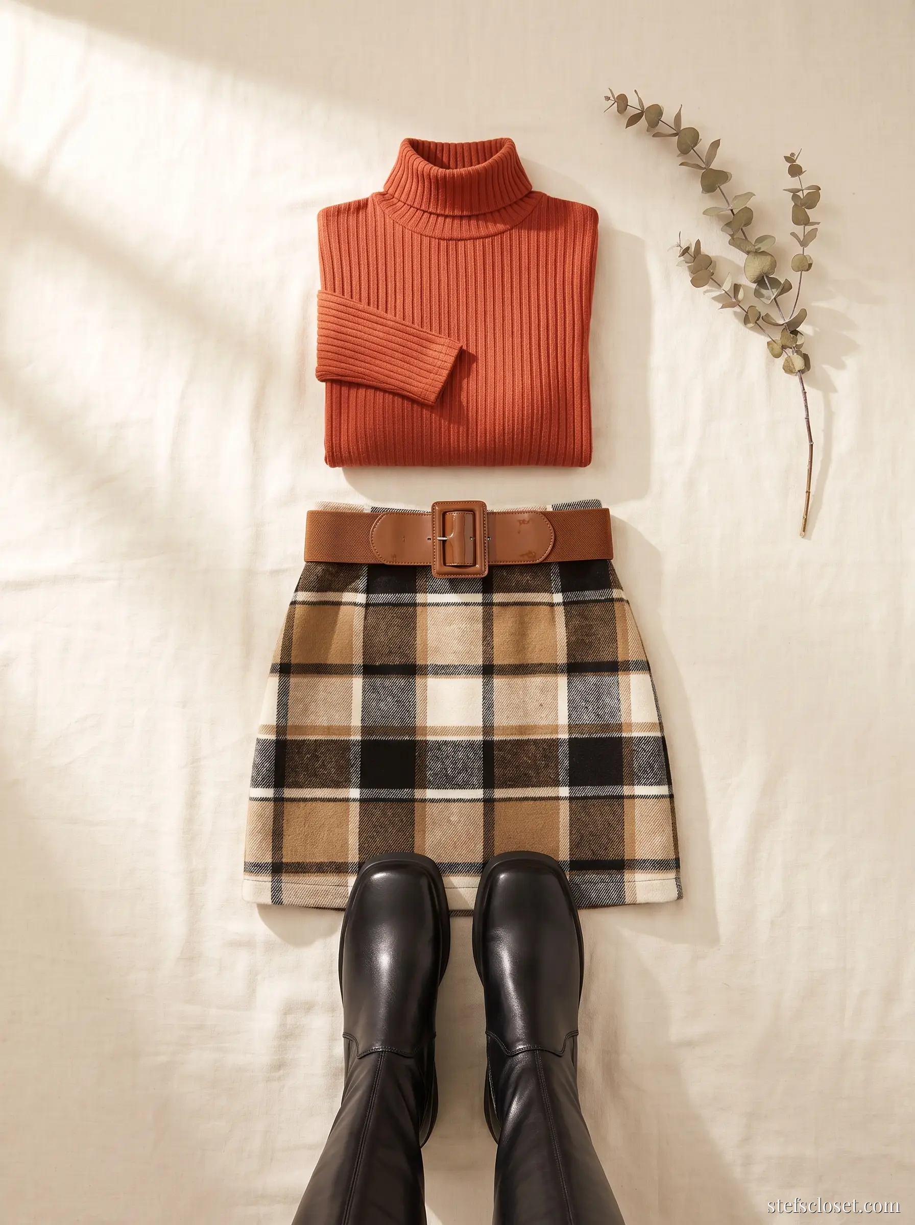 Baked Clay — Terracotta ribbed turtleneck, Brown plaid mini skirt, Black under-knee platform boots, Cognac patent wide belt