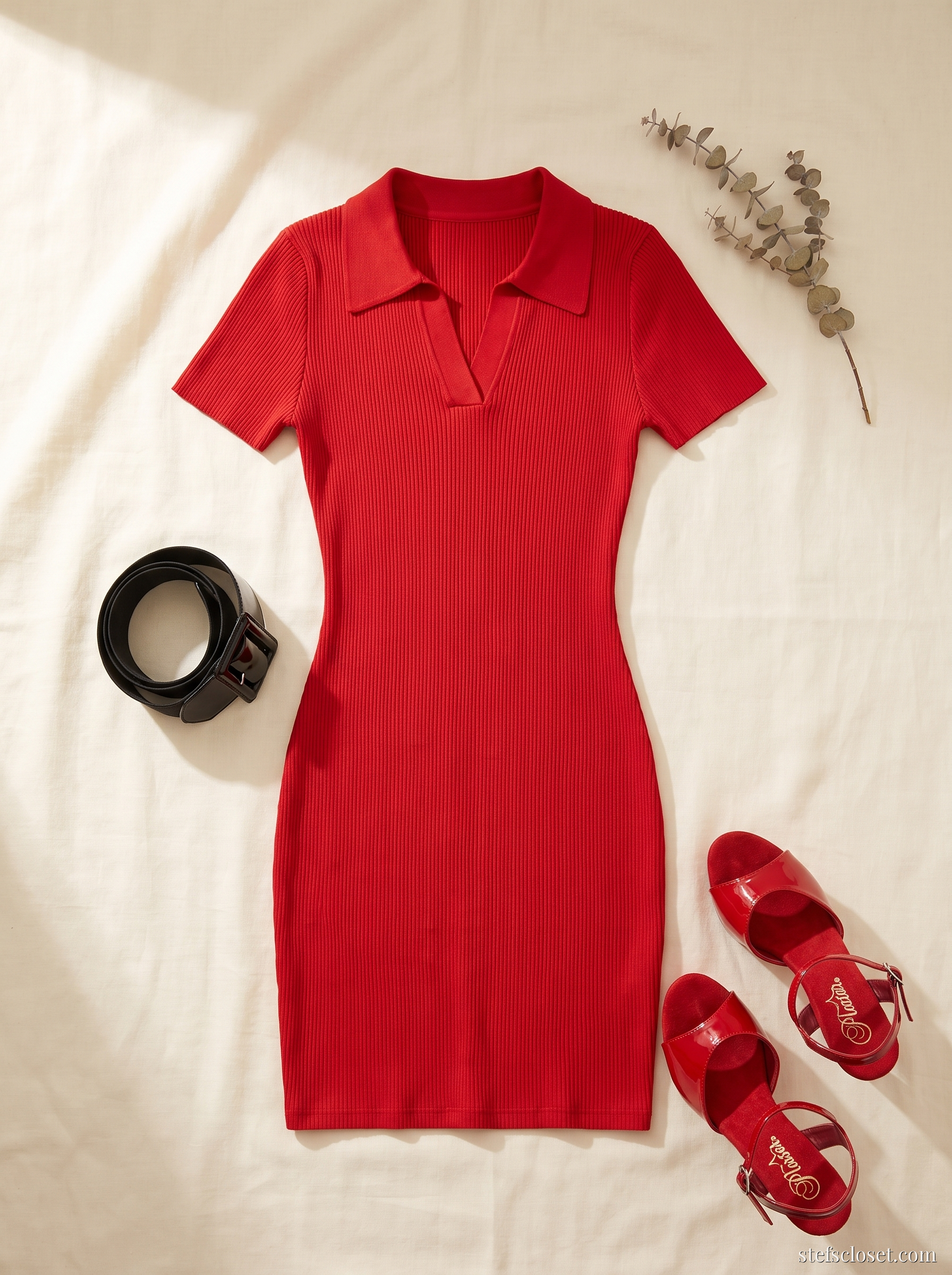 Fire, On Purpose — Red polo mini dress, Red platform stilettos, Black wide belt