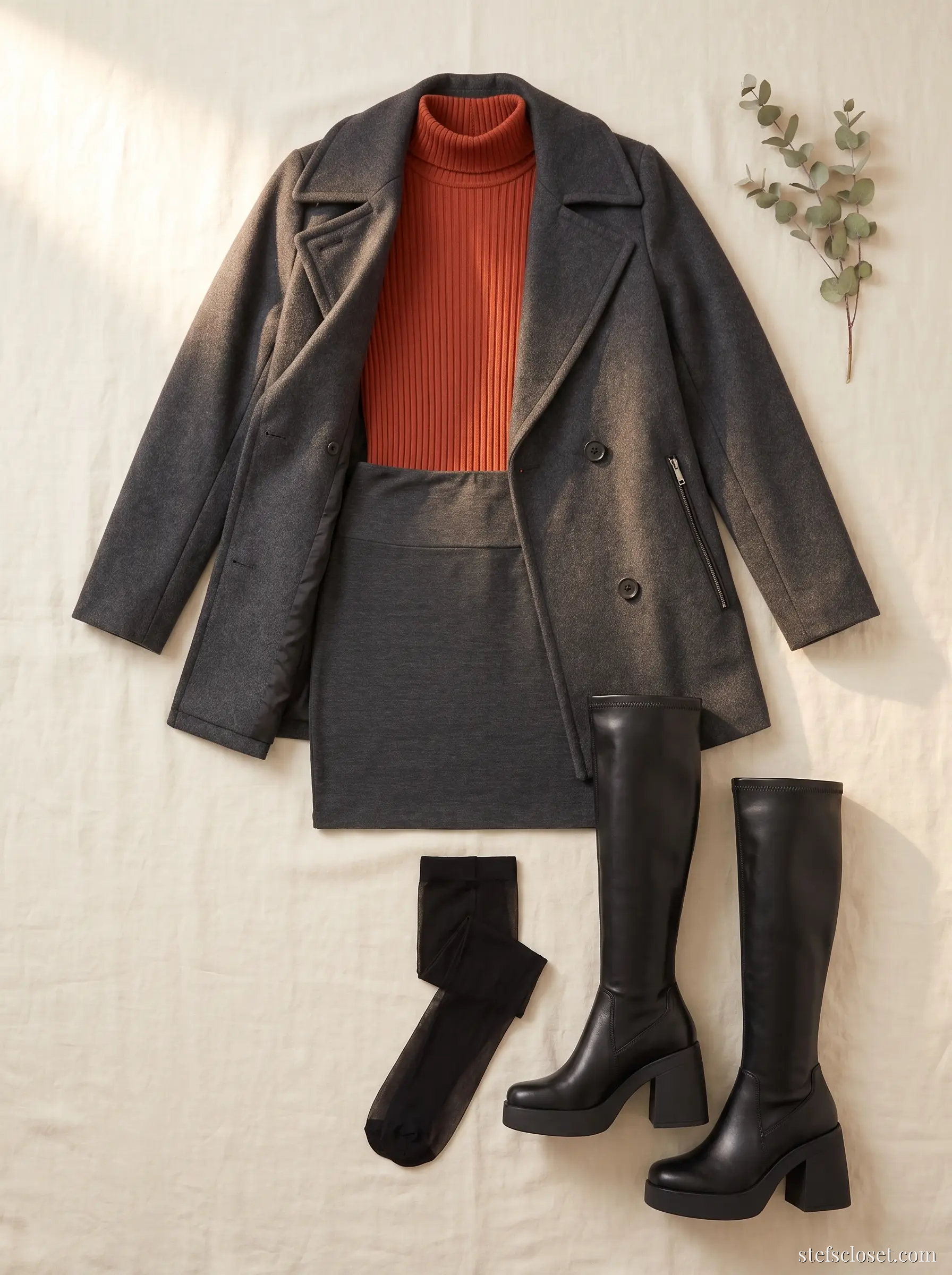 Terracotta, Up to the Chin — Terracotta ribbed turtleneck, Charcoal mini pencil skirt, Charcoal double-breasted bibbed coat, Black under-knee platform boots