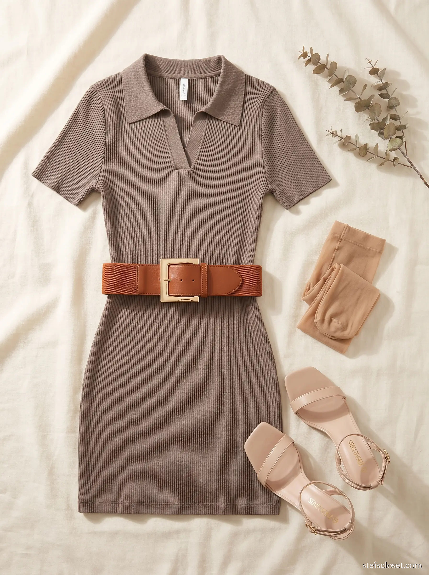 Taupe, Nude, Mile-Long — Taupe polo mini dress, Nude square-toe stilettos, Nude sheer pantyhose, Cognac wide belt