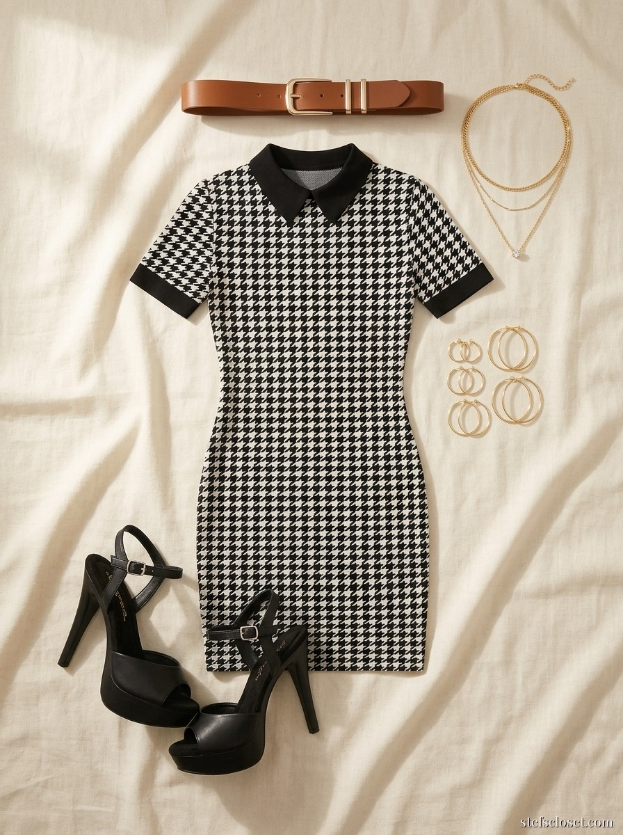 Houndstooth Contrast Event — Houndstooth contrast-cuff dress, Black platform stilettos, Cognac leather belt, Gold layered necklace