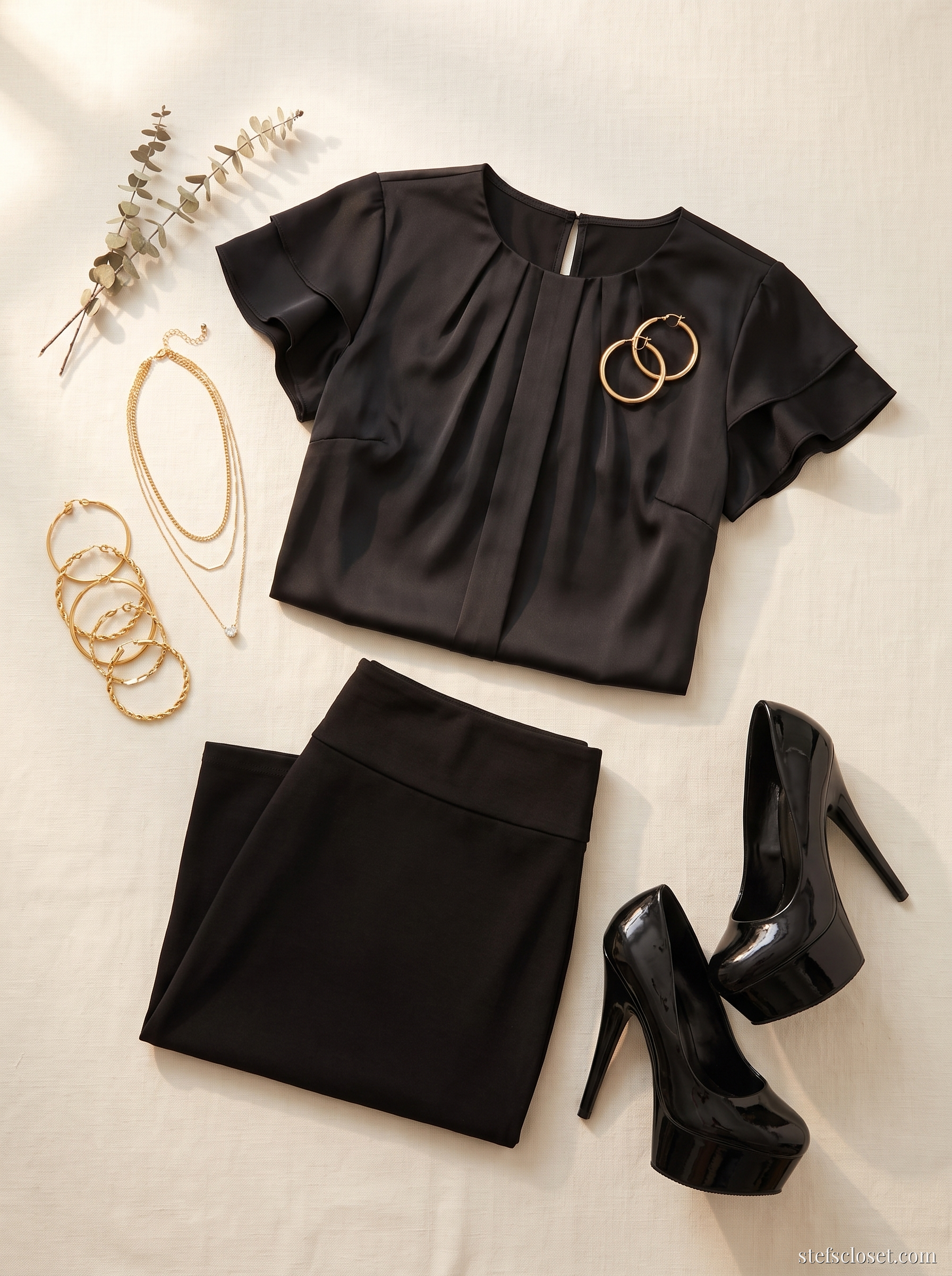 Gold Hour — Black satin blouse, Black pencil skirt, Gold bracelet stack, Gold layered necklace