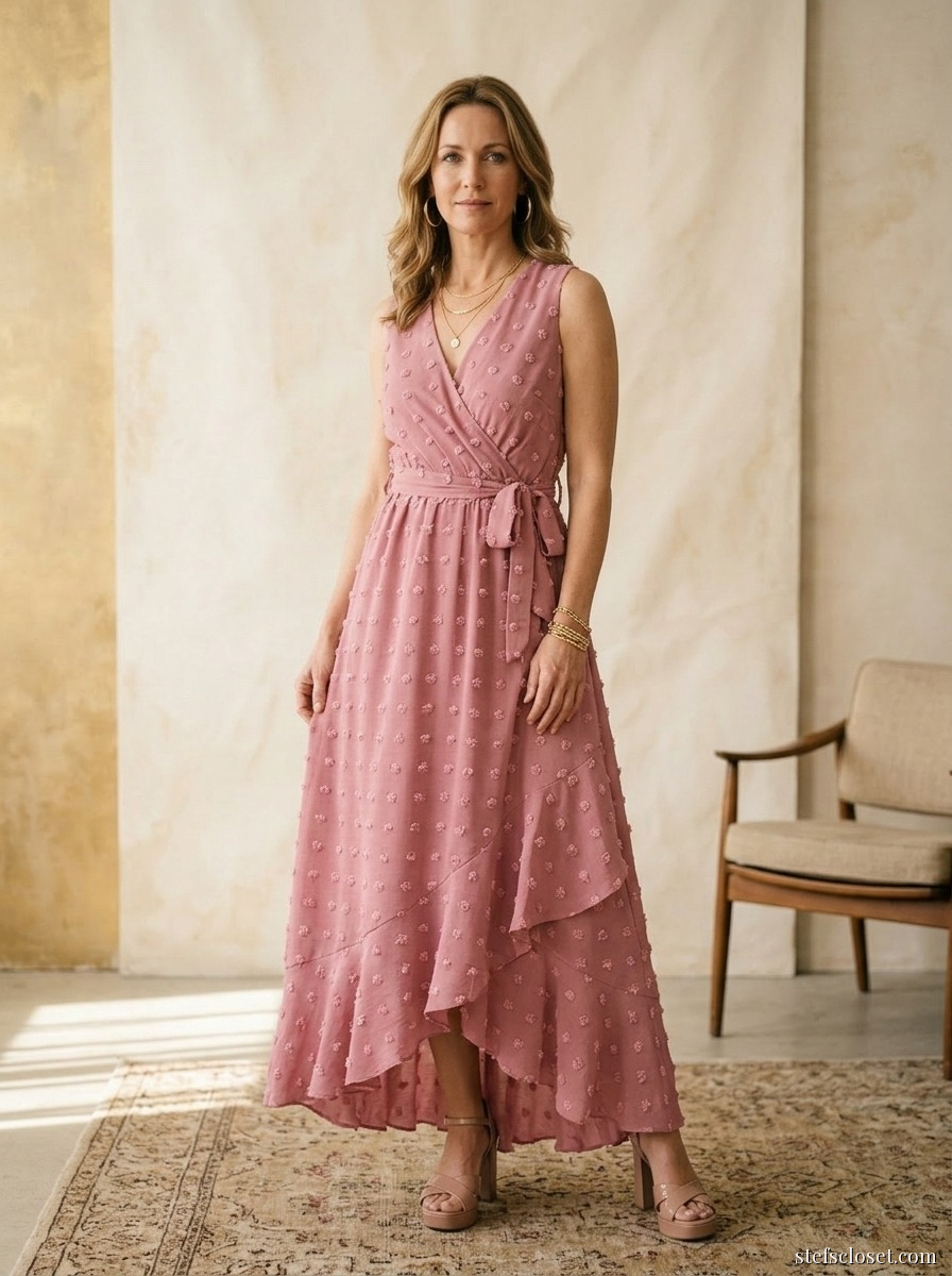 Dusty Rose Column — Dusty rose maxi dress, Blush platform sandals, Gold layered necklace, Gold bracelet stack