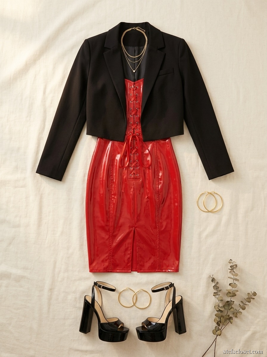 Red Corset, Structured Up — Red patent corset dress, Black cropped blazer, Black patent platform sandals, Gold layered necklace