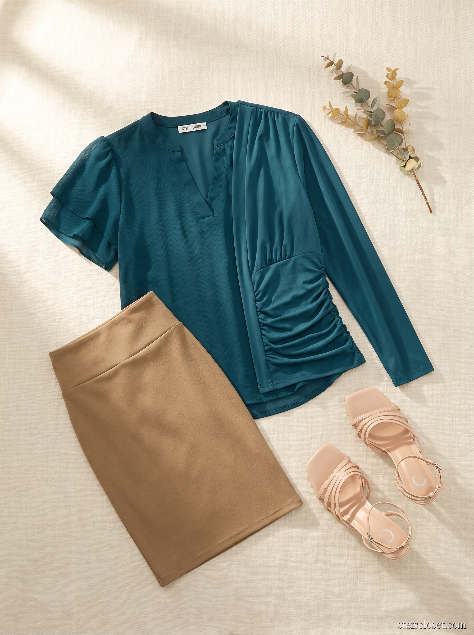 Teal on Teal — Teal puff-sleeve blouse, Teal wrap blouse, Khaki pencil skirt, Beige strappy heels
