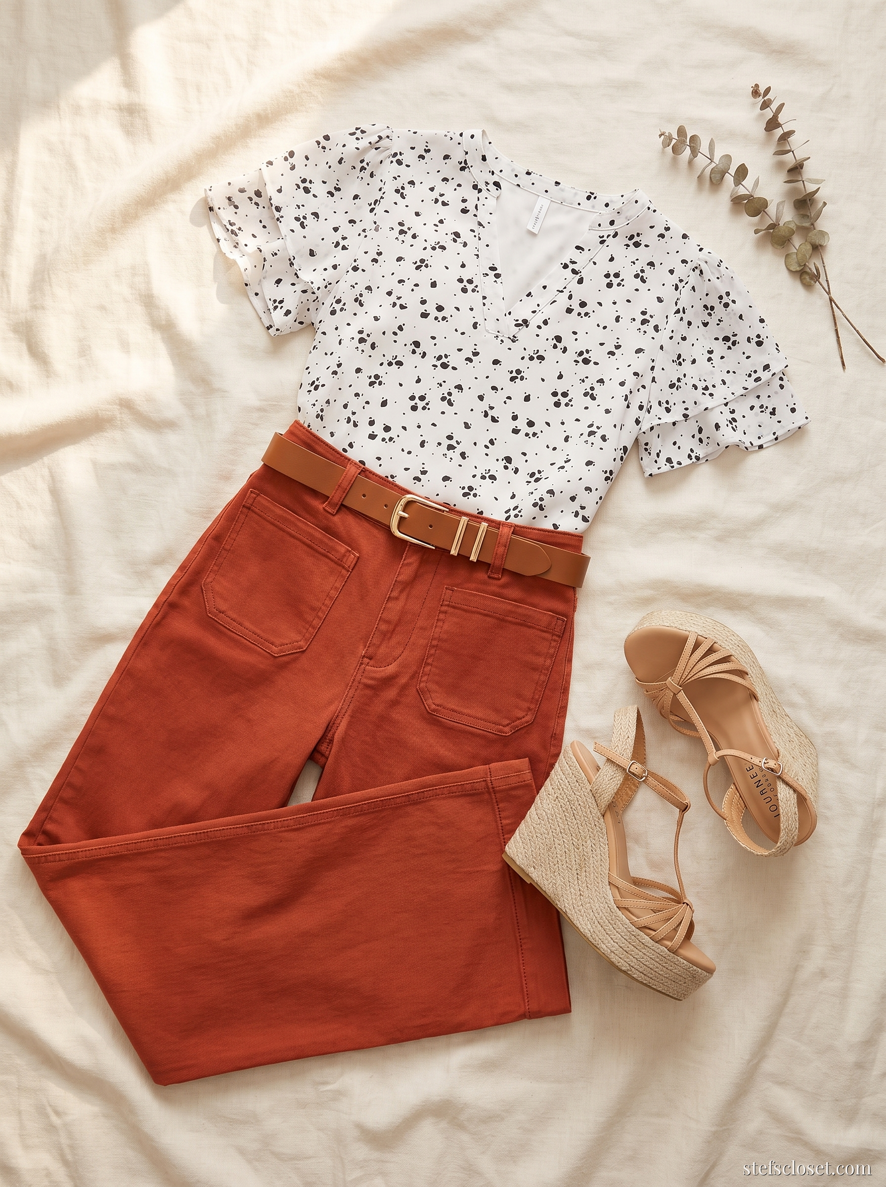 Rust & Dot — Rust wide-leg jeans, White dot chiffon blouse, Cognac leather belt, Brown espadrille wedges
