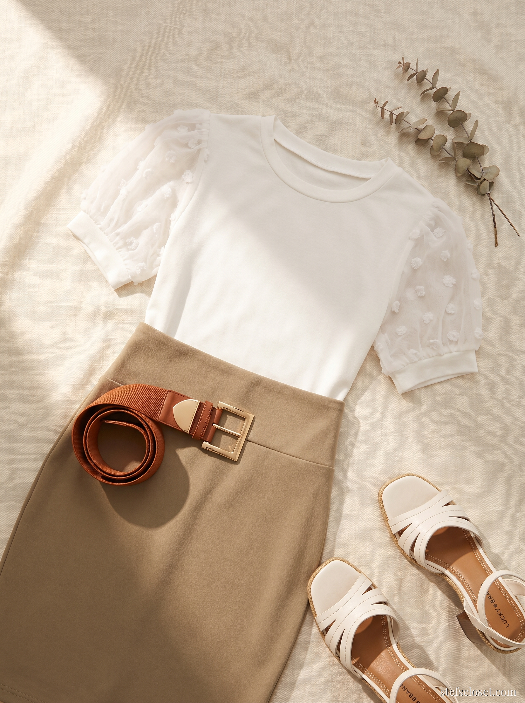 Toffee Cream — Khaki pencil skirt, White puff-sleeve top, Cognac wide belt, Ivory block heels