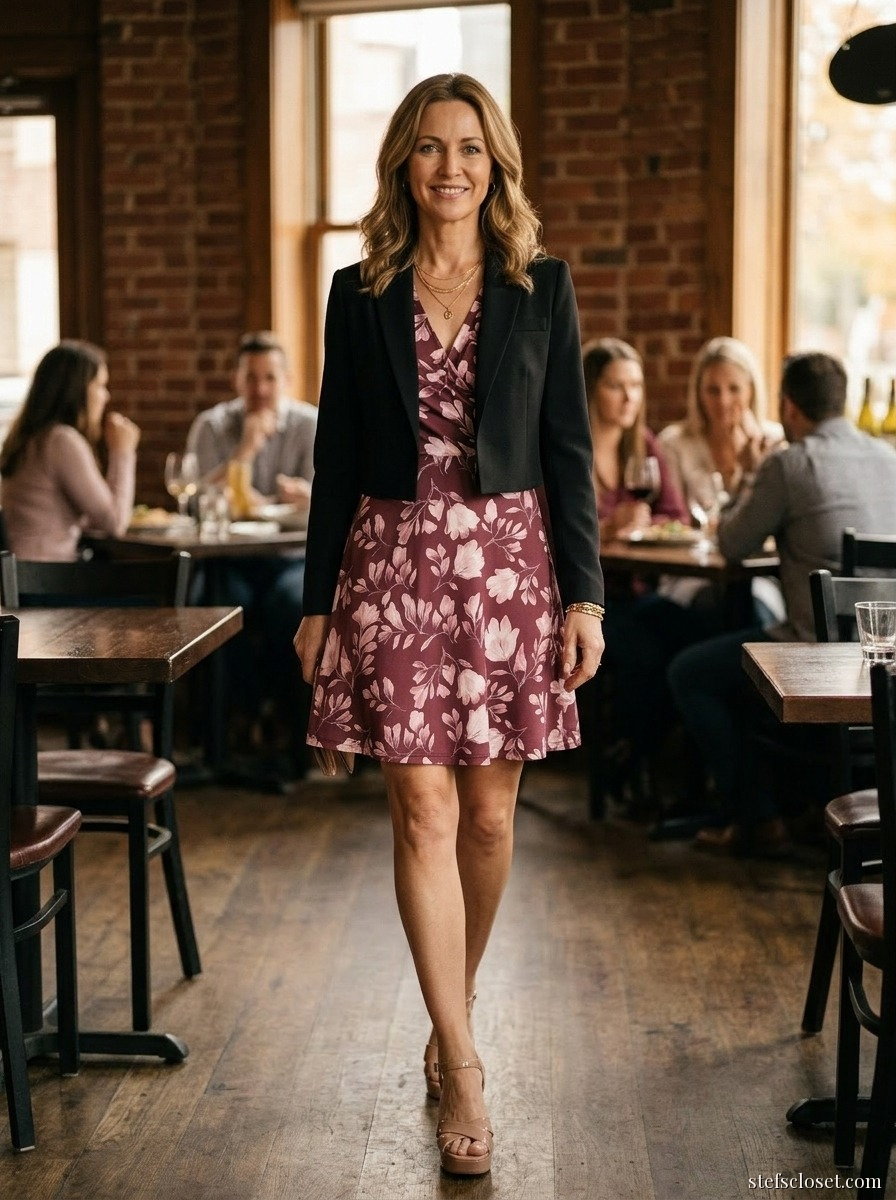 Berry Tonal, Out — Wine floral wrap dress, Blush platform sandals, Gold layered necklace, Gold bracelet stack