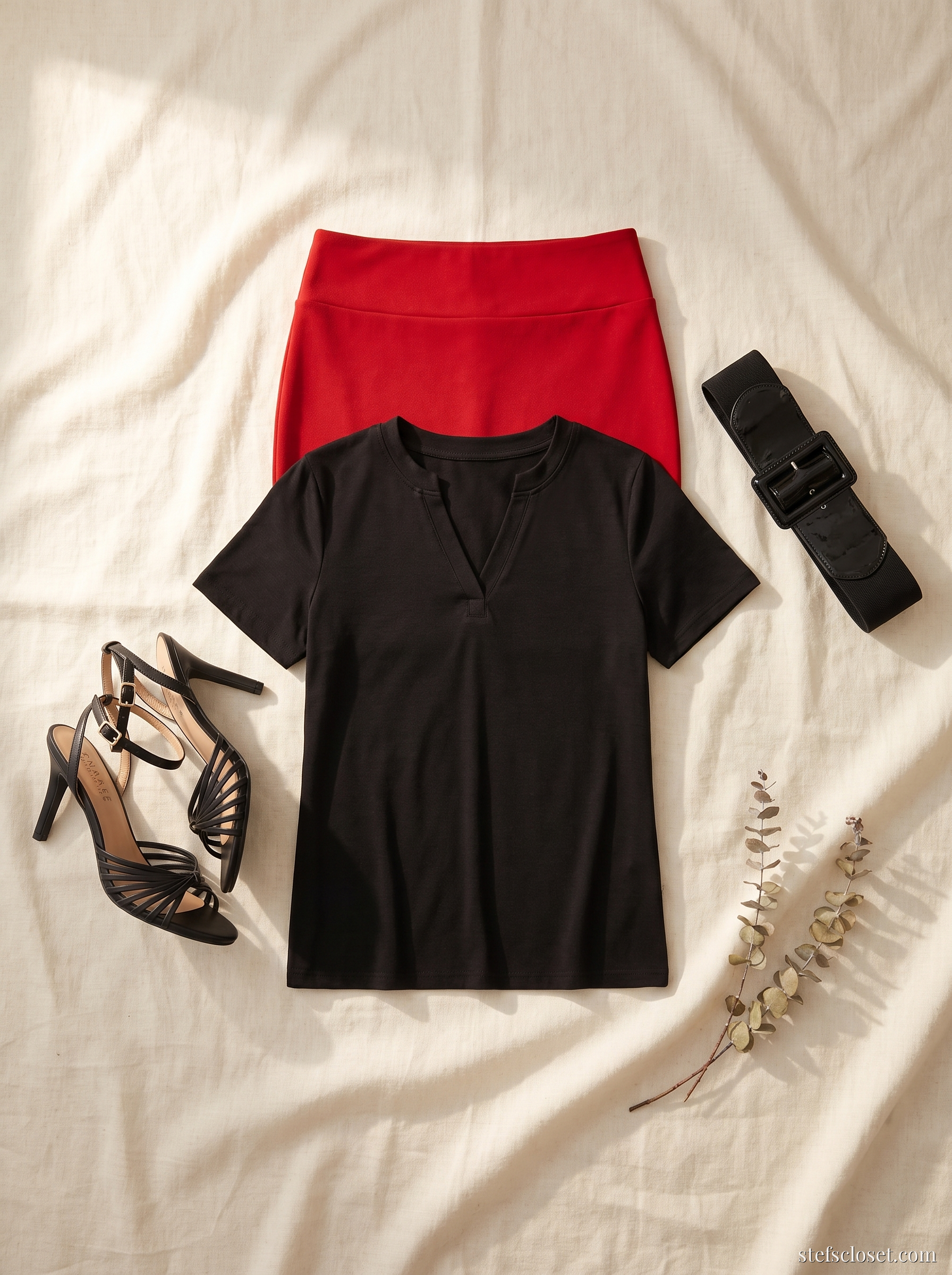 Black Tee, Red Intent — Black v-neck tee, Red pencil skirt, Black strappy heels, Black cinch belt