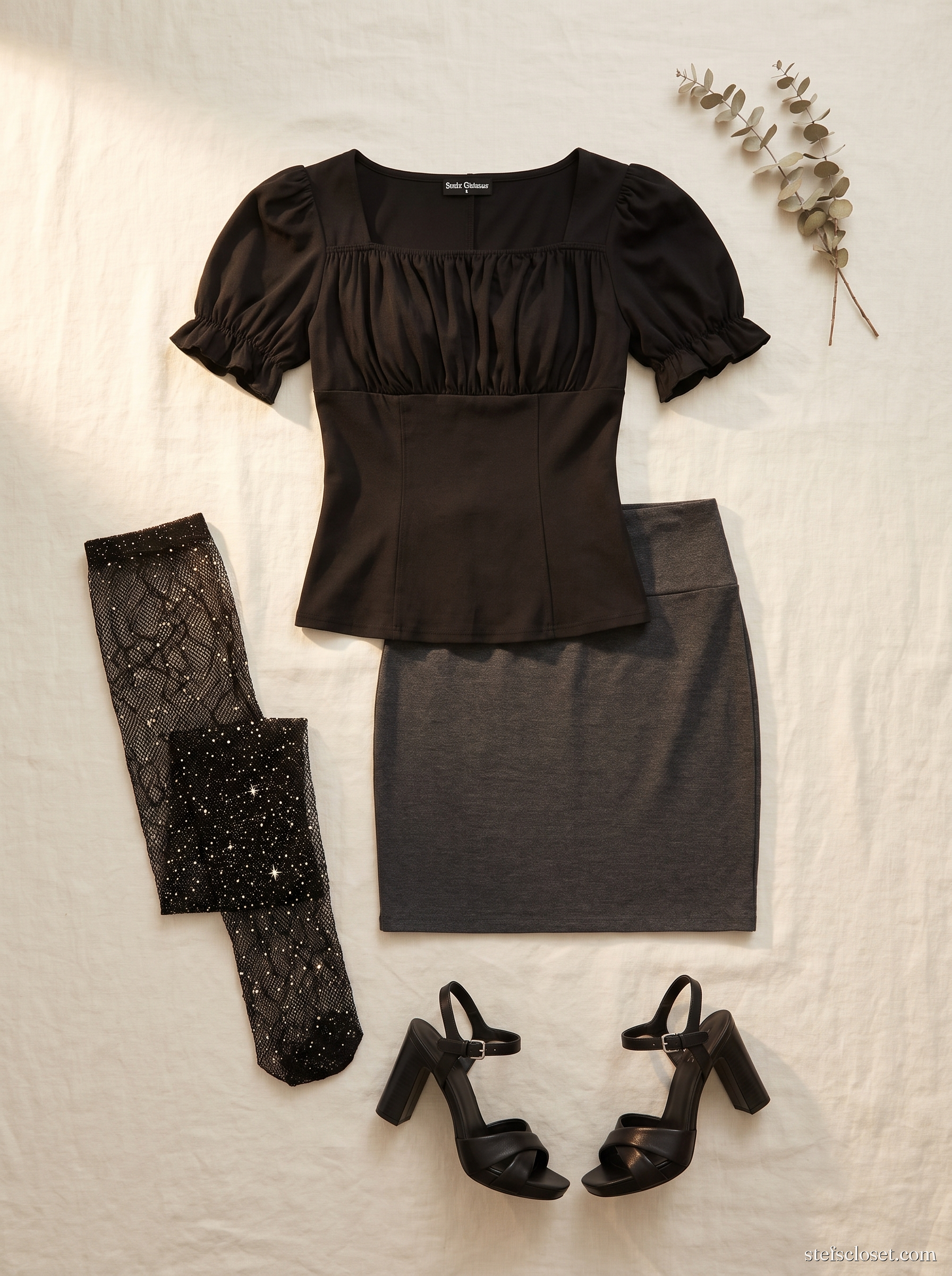 Sparkle, Squared — Black peasant top, Charcoal mini pencil skirt, Black sparkle fishnets, Black platform sandals
