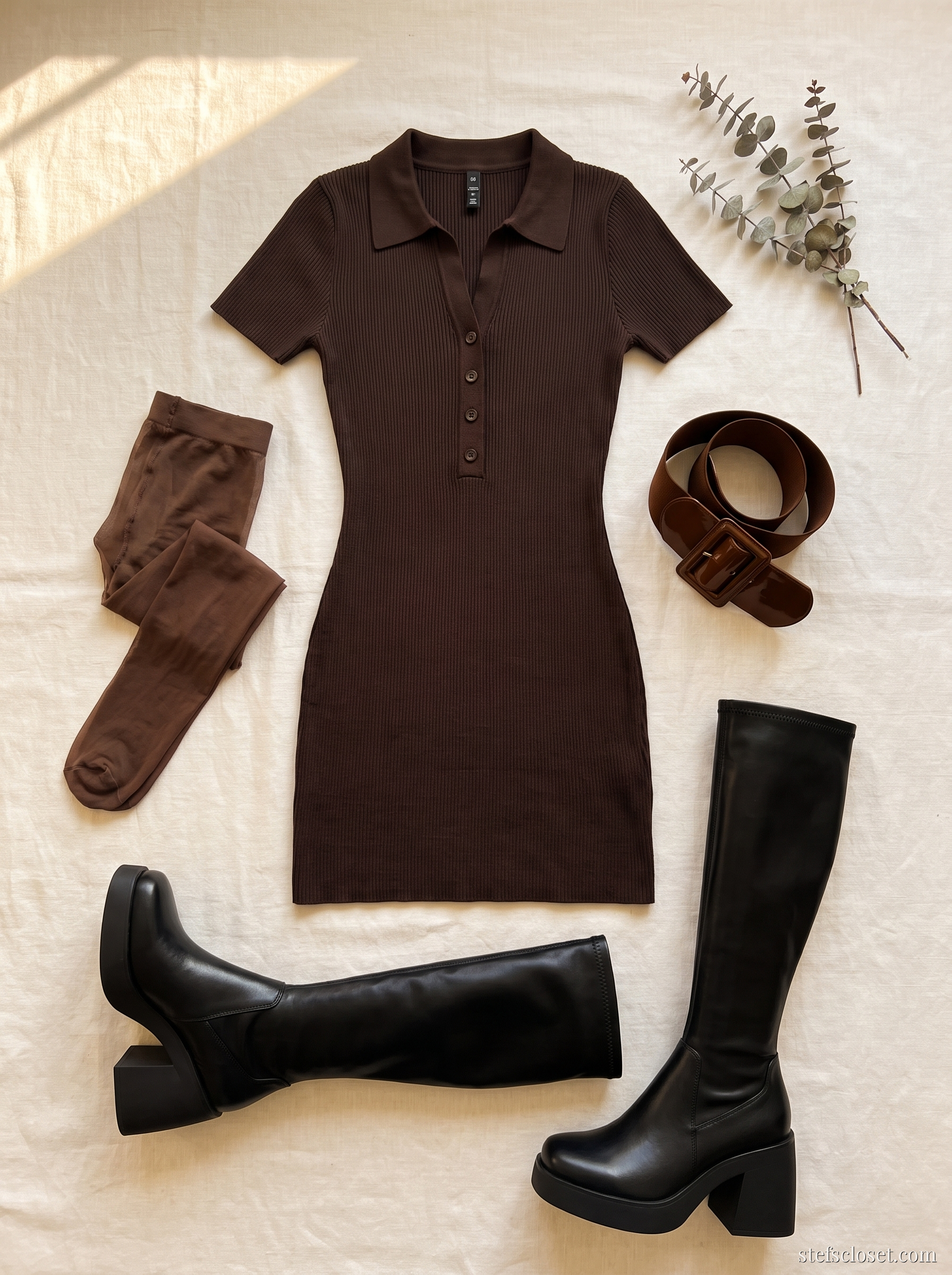 Espresso, Poured Long — Brown polo mini dress, Cognac patent wide belt, Coffee sheer tights, Black under-knee platform boots