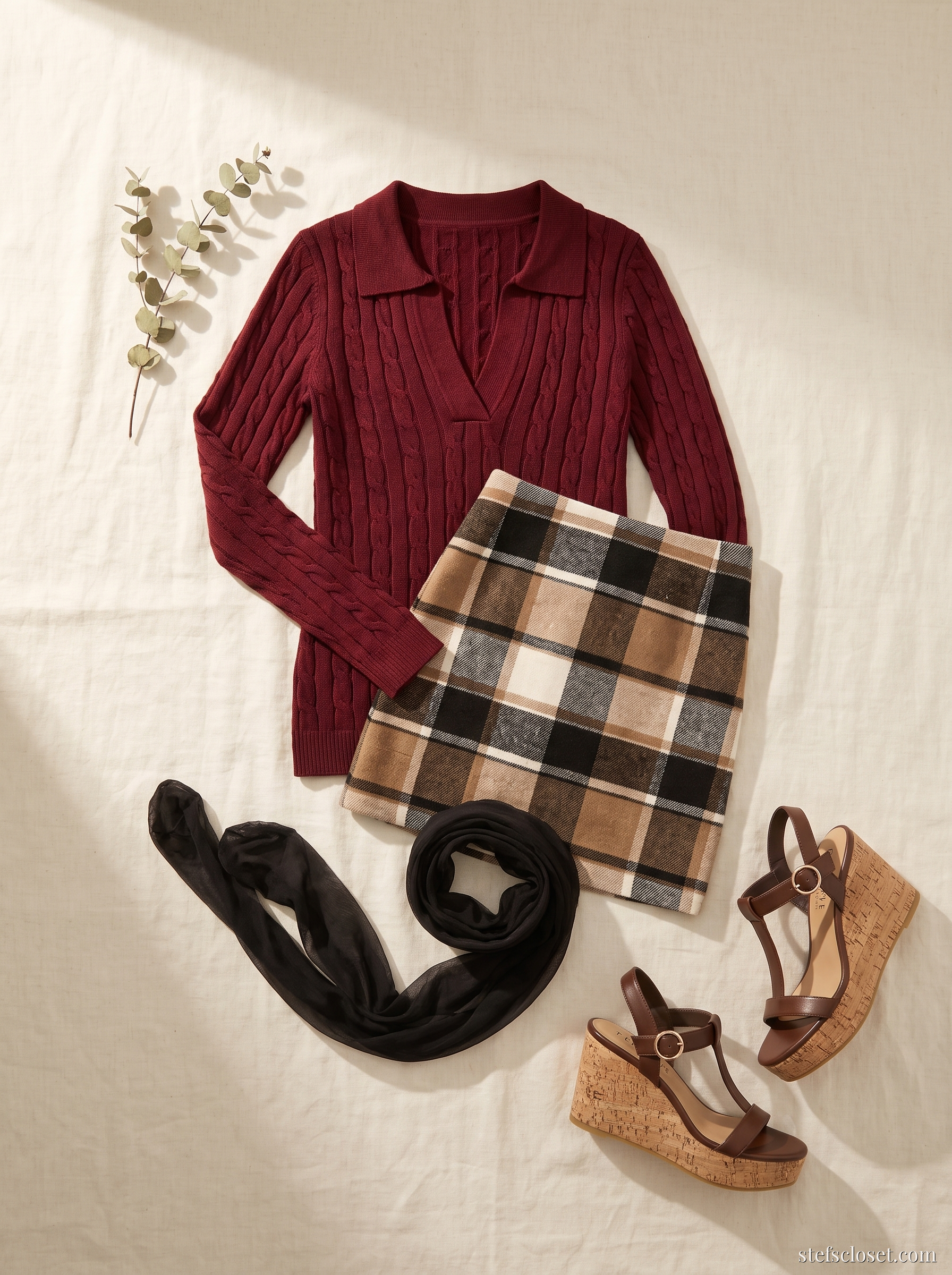 Mulled & Plaid — Burgundy cable-knit sweater, Brown plaid mini skirt, Black sheer tights, Brown platform wedges