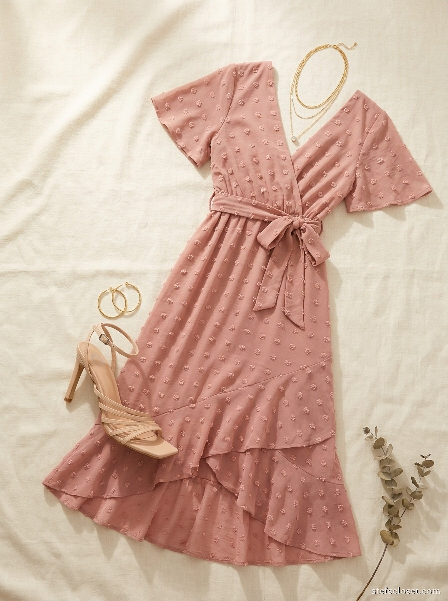 Wine Night, Warmed to Rose — Dusty rose maxi dress, Beige strappy heels, Gold layered necklace, Gold clip-on hoops