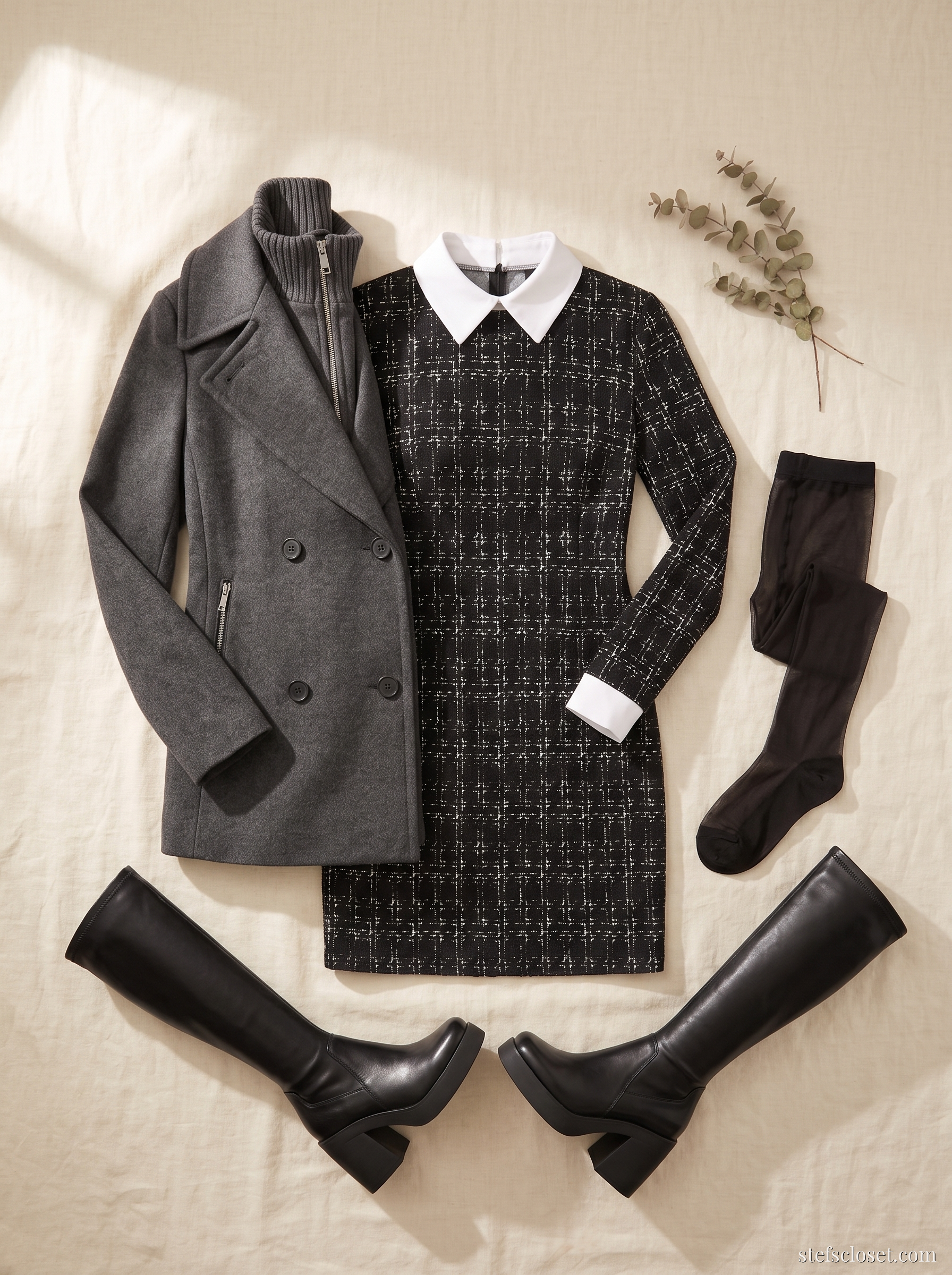 Grid, Bibbed & Booted — Black grid-print polo dress, Charcoal double-breasted bibbed coat, Black sheer tights, Black under-knee platform boots