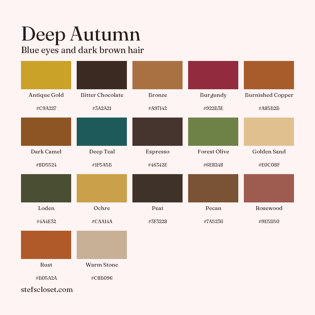 Deep Autumn palette: 17 colors, Antique Gold, Bitter Chocolate, Bronze, and more, each with its hex code.