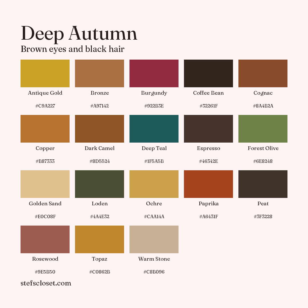 Deep Autumn palette: 18 colors, Antique Gold, Bronze, Burgundy, and more, each with its hex code.