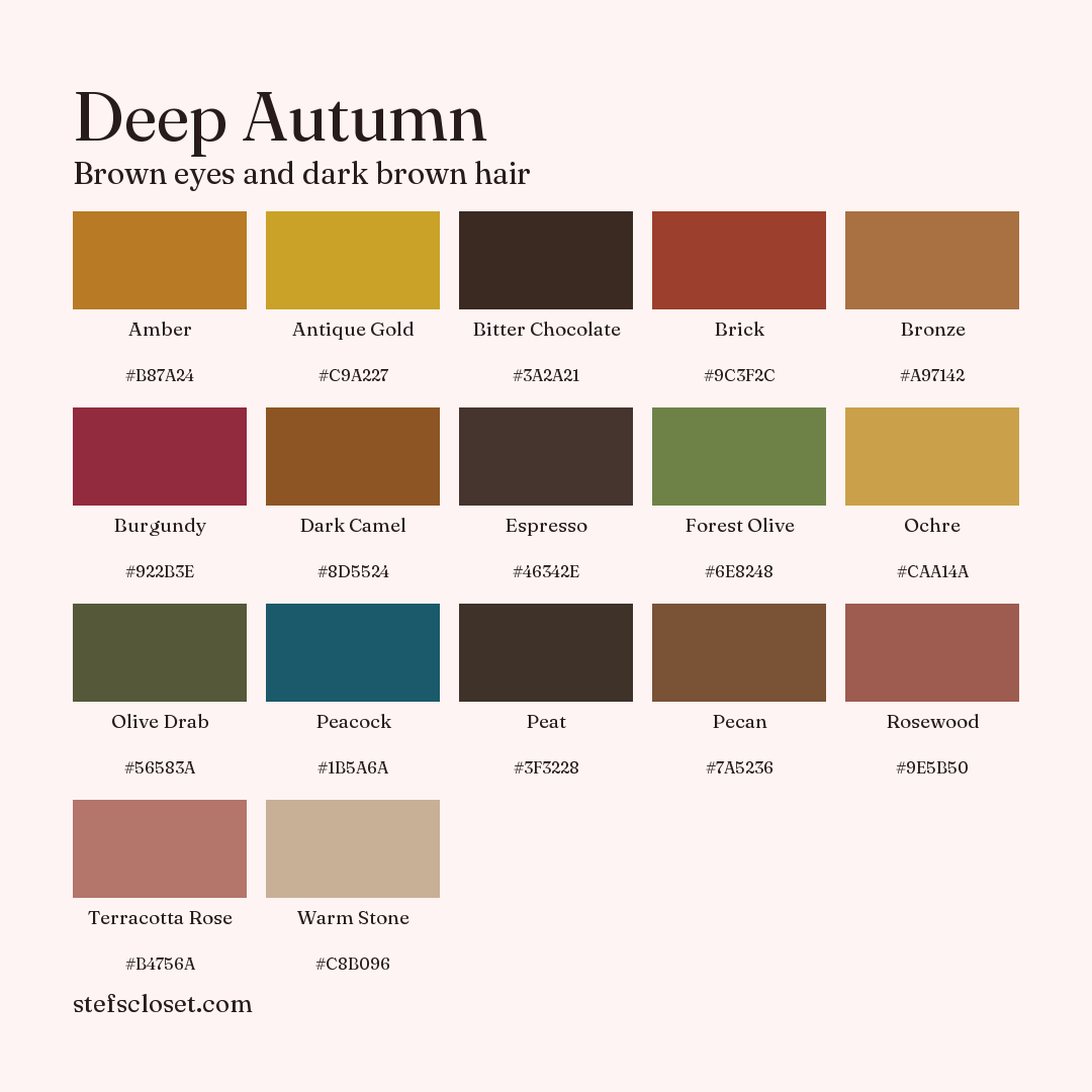 Deep Autumn palette: 17 colors, Amber, Antique Gold, Bitter Chocolate, and more, each with its hex code.