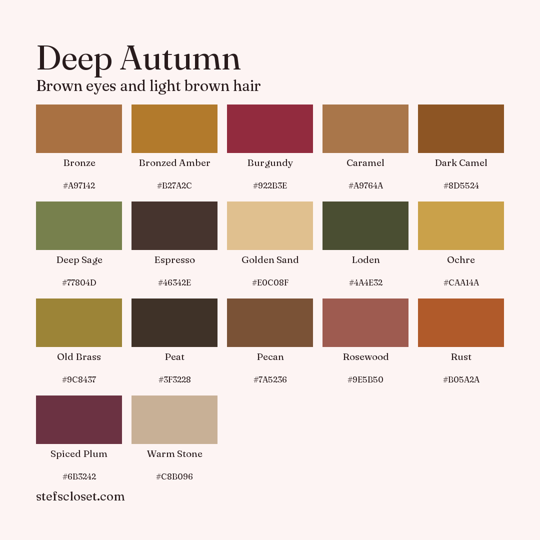Deep Autumn palette: 17 colors, Bronze, Bronzed Amber, Burgundy, and more, each with its hex code.