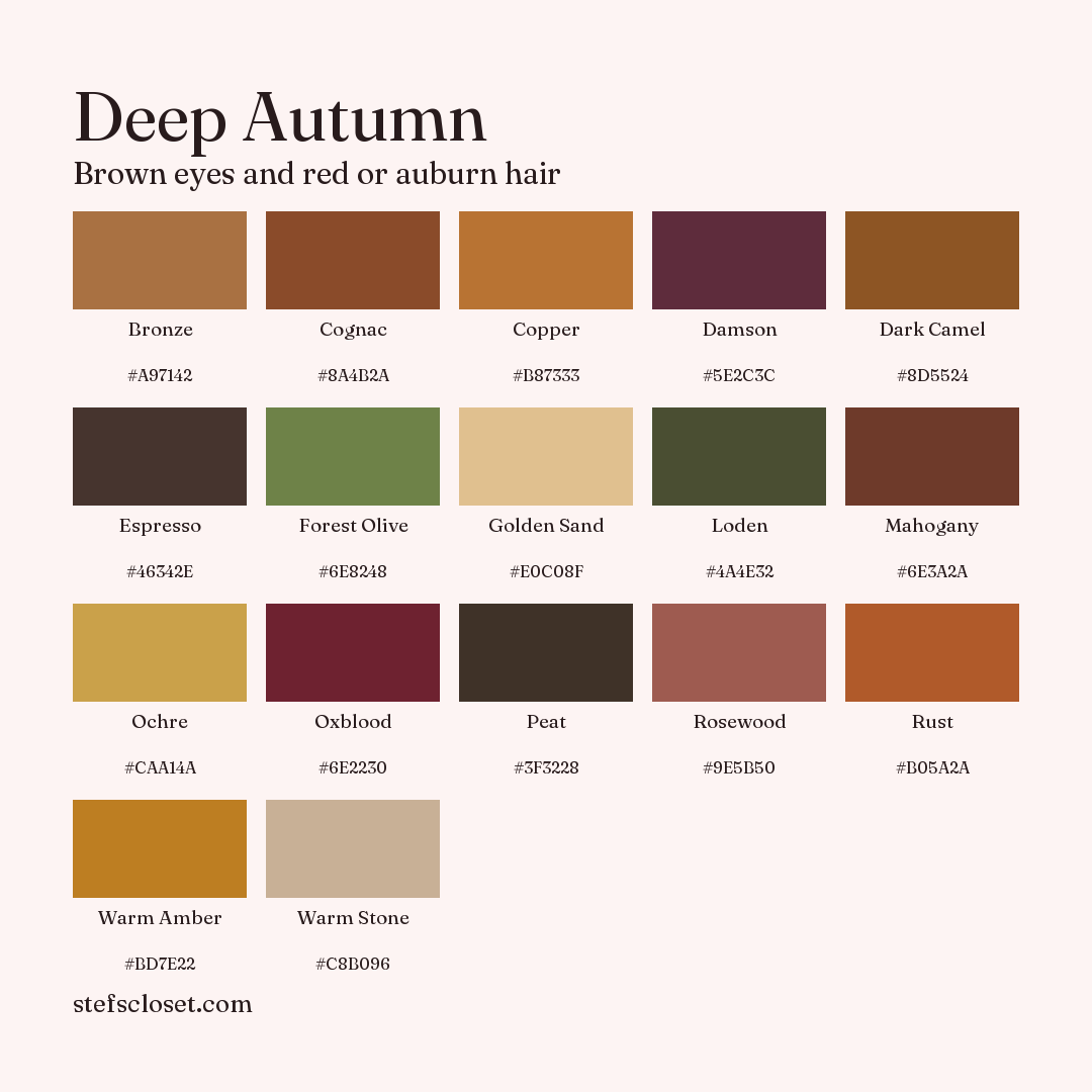 Deep Autumn palette: 17 colors, Bronze, Cognac, Copper, and more, each with its hex code.