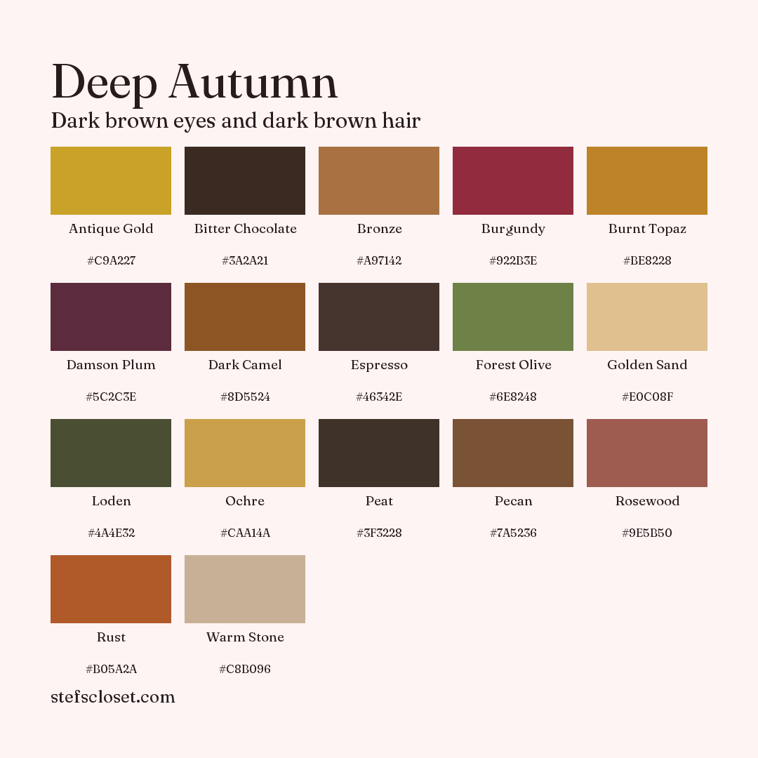 Deep Autumn palette: 17 colors, Antique Gold, Bitter Chocolate, Bronze, and more, each with its hex code.