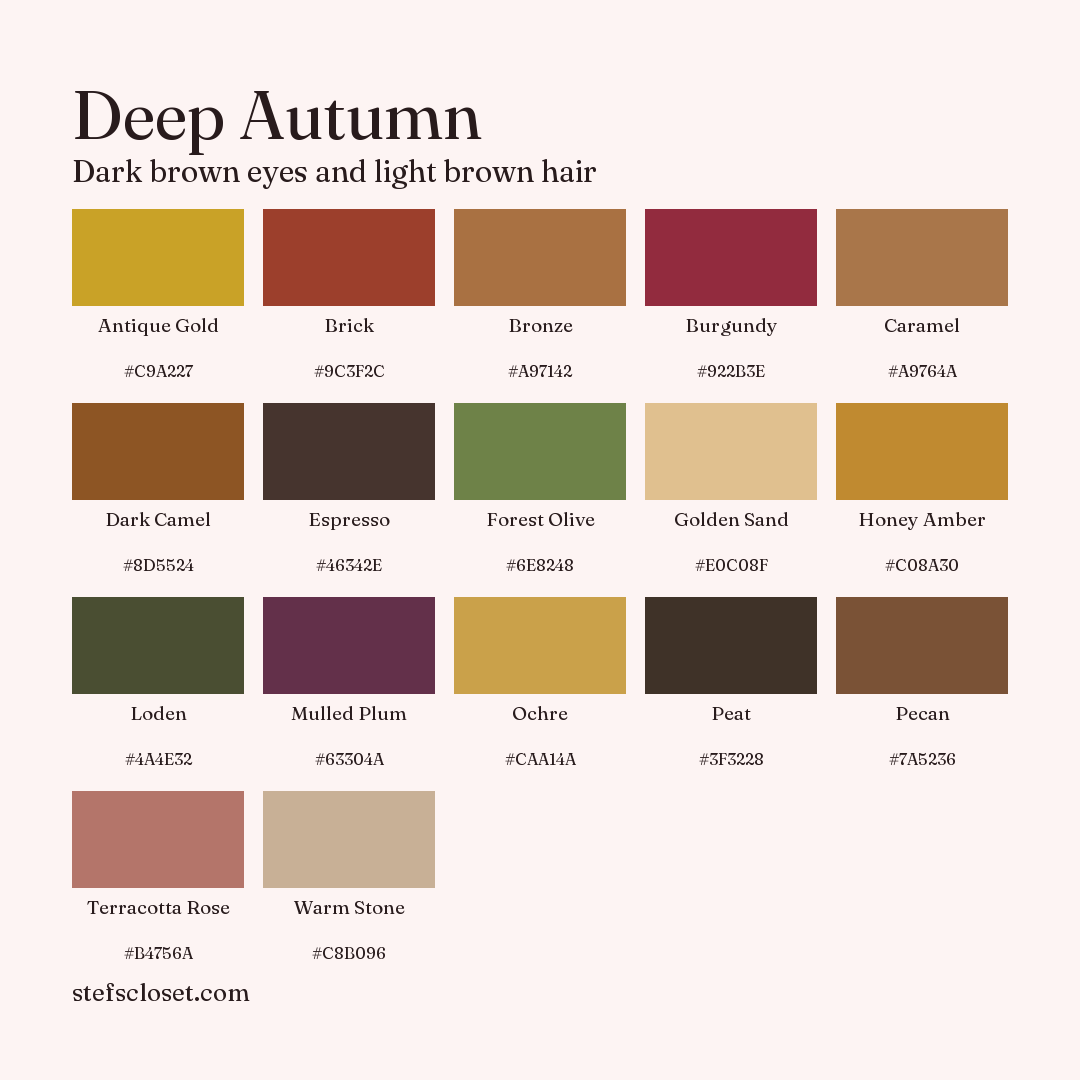 Deep Autumn palette: 17 colors, Antique Gold, Brick, Bronze, and more, each with its hex code.