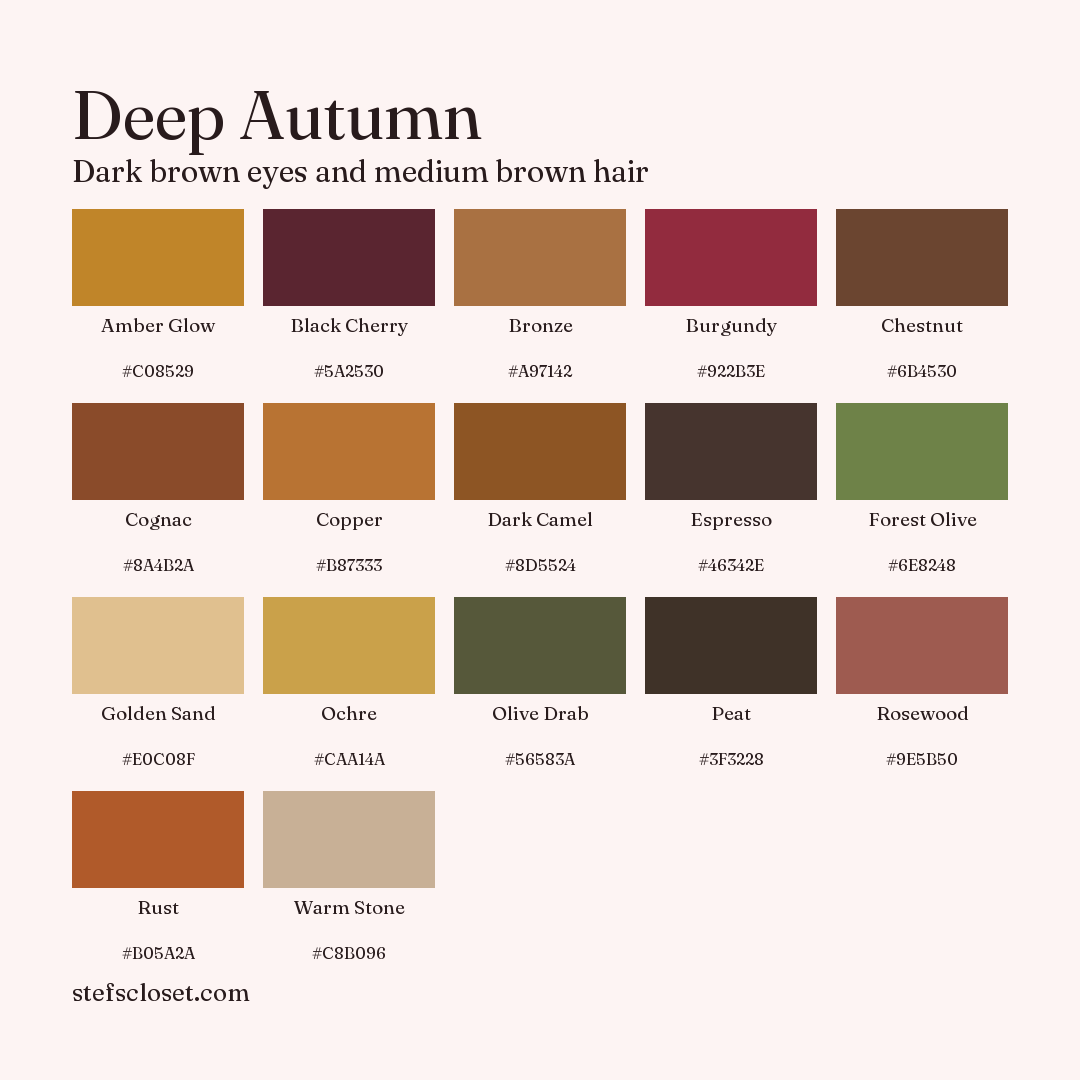 Deep Autumn palette: 17 colors, Amber Glow, Black Cherry, Bronze, and more, each with its hex code.