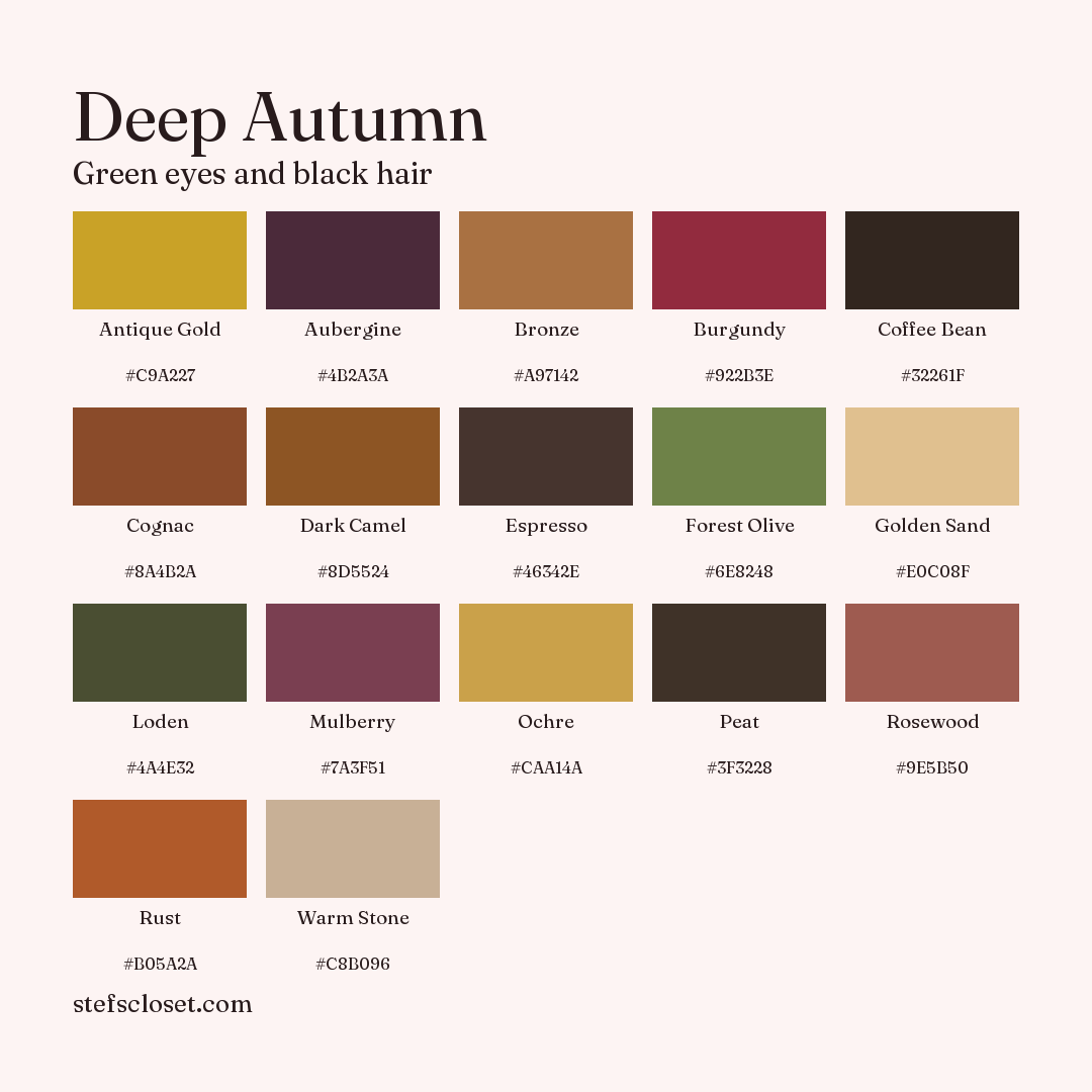 Deep Autumn palette: 17 colors, Antique Gold, Aubergine, Bronze, and more, each with its hex code.