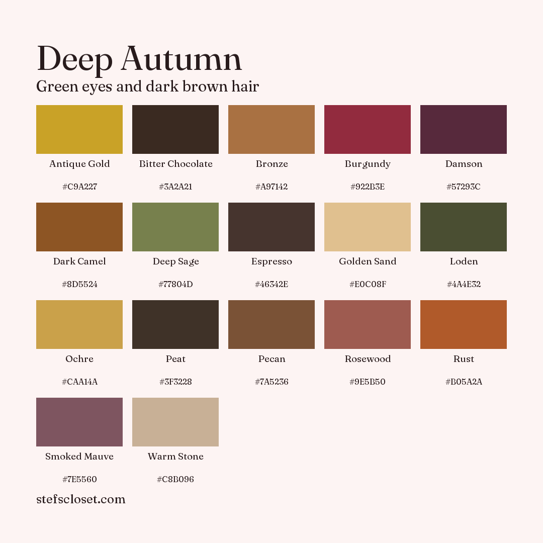 Deep Autumn palette: 17 colors, Antique Gold, Bitter Chocolate, Bronze, and more, each with its hex code.
