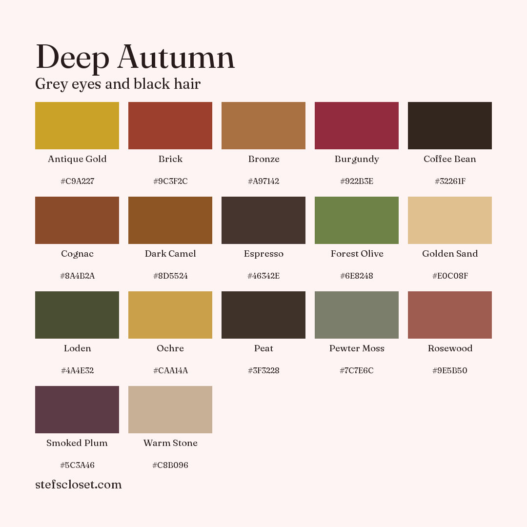 Deep Autumn palette: 17 colors, Antique Gold, Brick, Bronze, and more, each with its hex code.