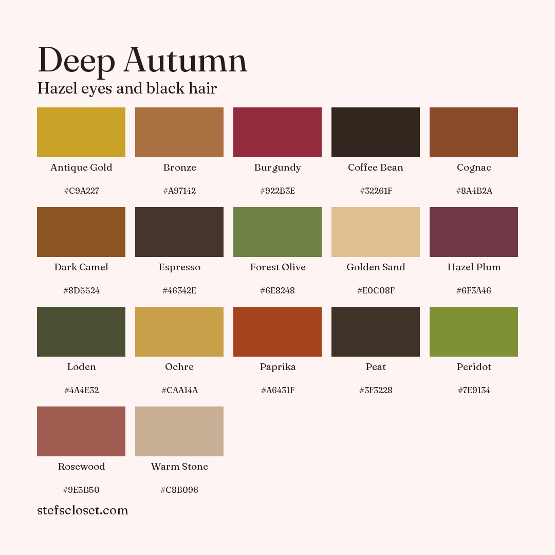 Deep Autumn palette: 17 colors, Antique Gold, Bronze, Burgundy, and more, each with its hex code.