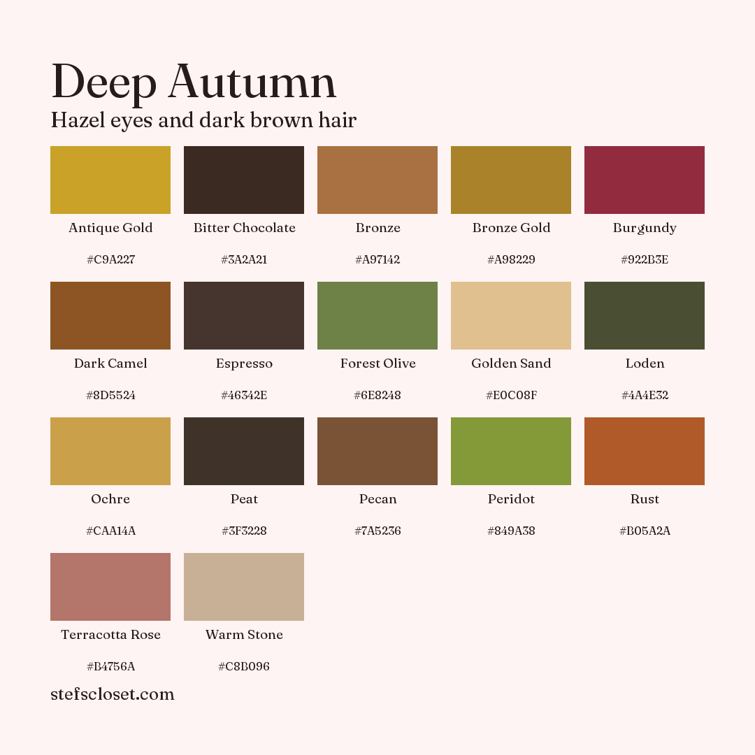 Deep Autumn palette: 17 colors, Antique Gold, Bitter Chocolate, Bronze, and more, each with its hex code.