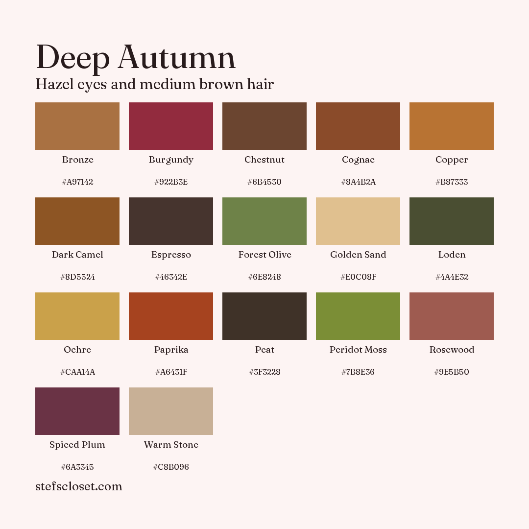 Deep Autumn palette: 17 colors, Bronze, Burgundy, Chestnut, and more, each with its hex code.