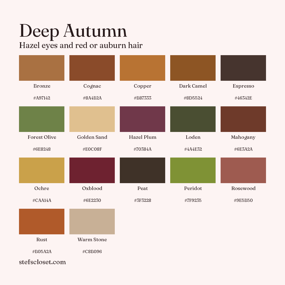Deep Autumn palette: 17 colors, Bronze, Cognac, Copper, and more, each with its hex code.