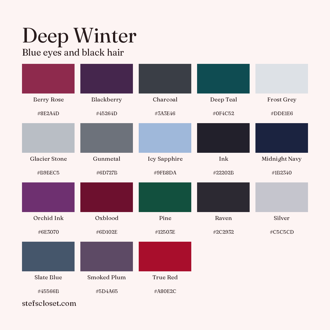 Deep Winter palette: 18 colors, Berry Rose, Blackberry, Charcoal, and more, each with its hex code.