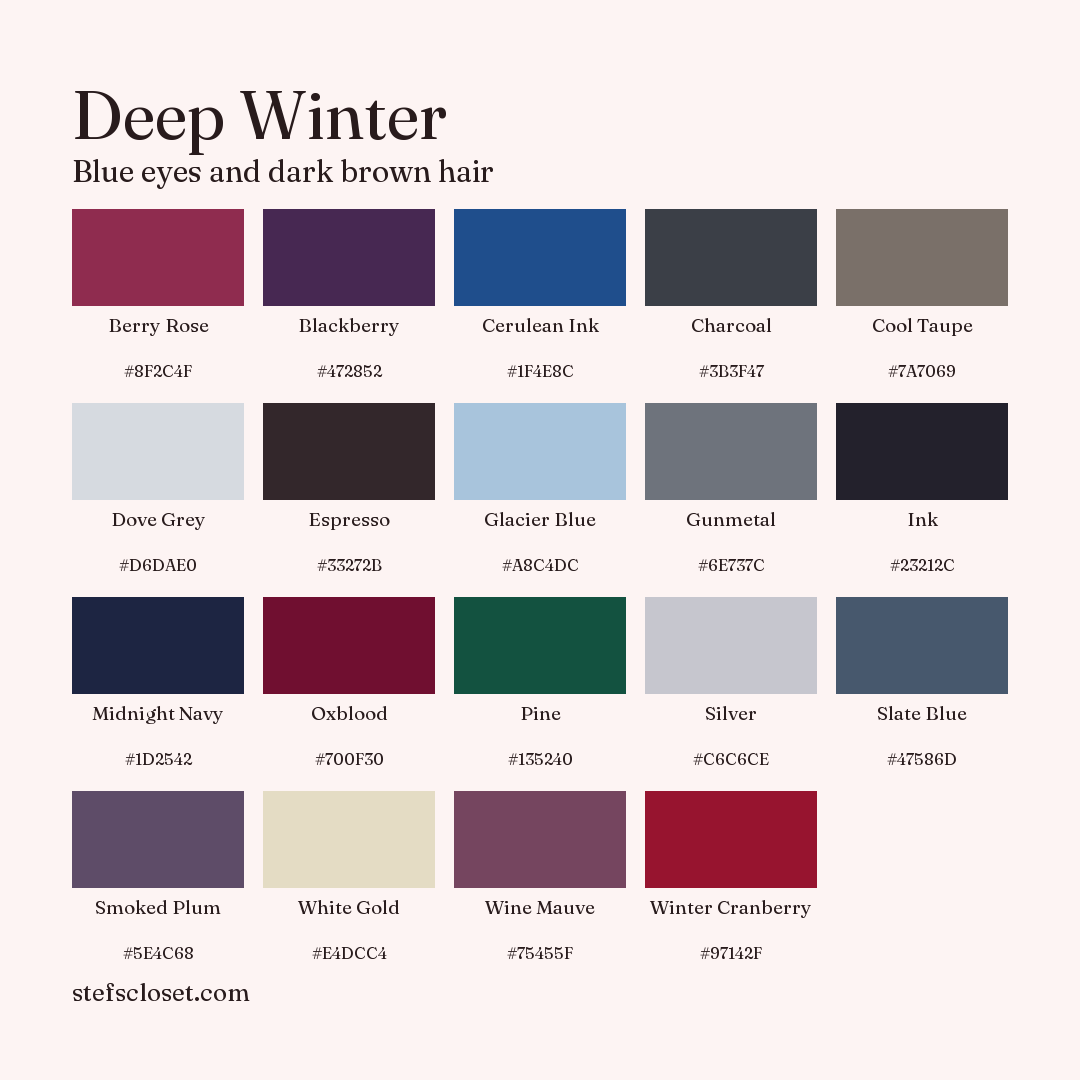 Deep Winter palette: 19 colors, Berry Rose, Blackberry, Cerulean Ink, and more, each with its hex code.