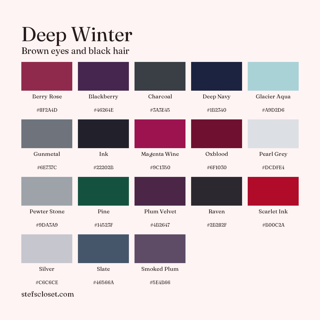 Deep Winter palette: 18 colors, Berry Rose, Blackberry, Charcoal, and more, each with its hex code.