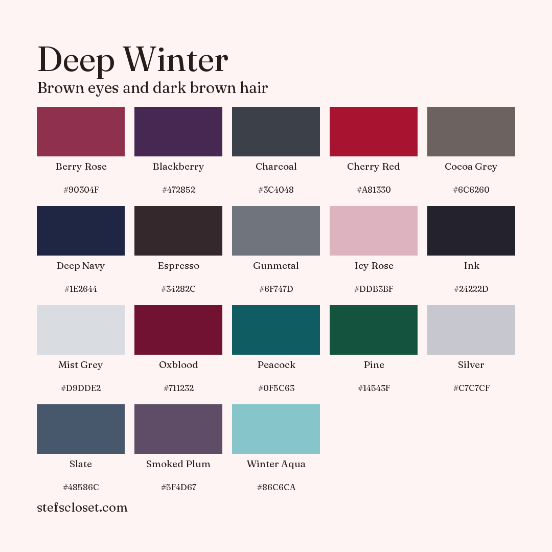 Deep Winter palette: 18 colors, Berry Rose, Blackberry, Charcoal, and more, each with its hex code.