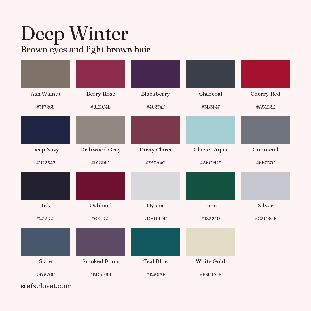 Deep Winter palette: 19 colors, Ash Walnut, Berry Rose, Blackberry, and more, each with its hex code.