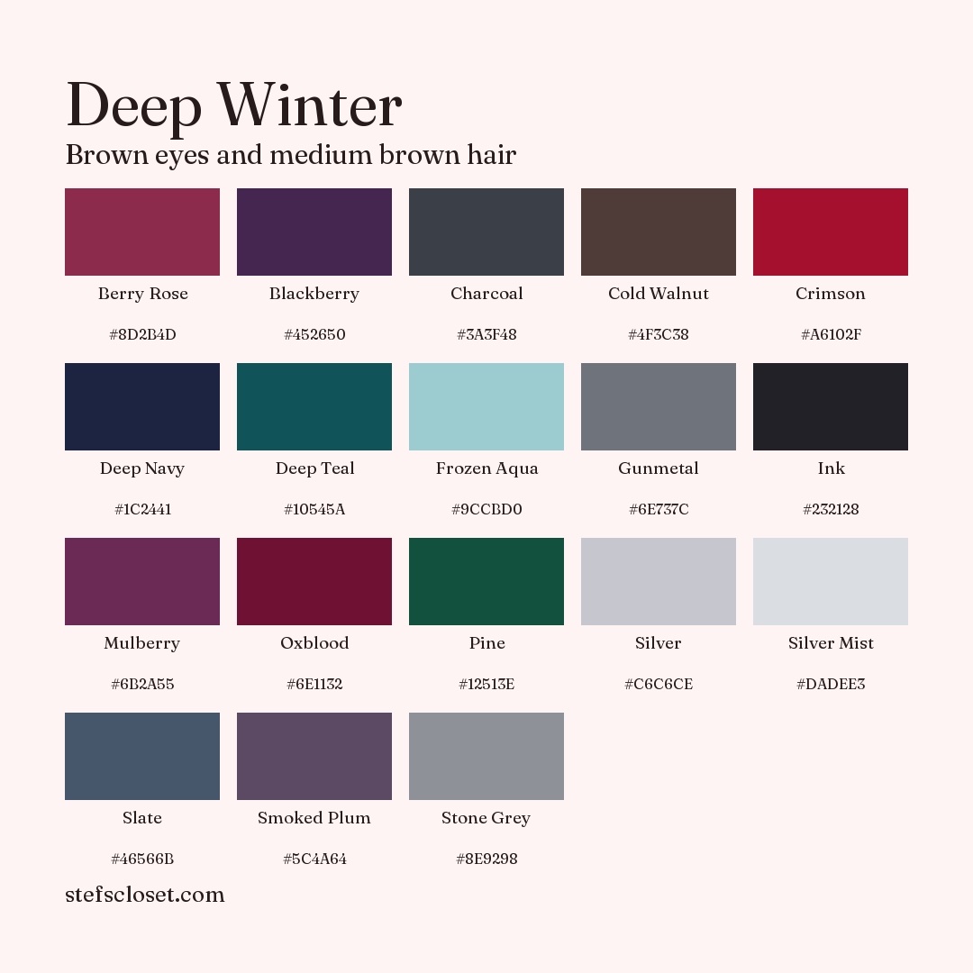 Deep Winter palette: 18 colors, Berry Rose, Blackberry, Charcoal, and more, each with its hex code.