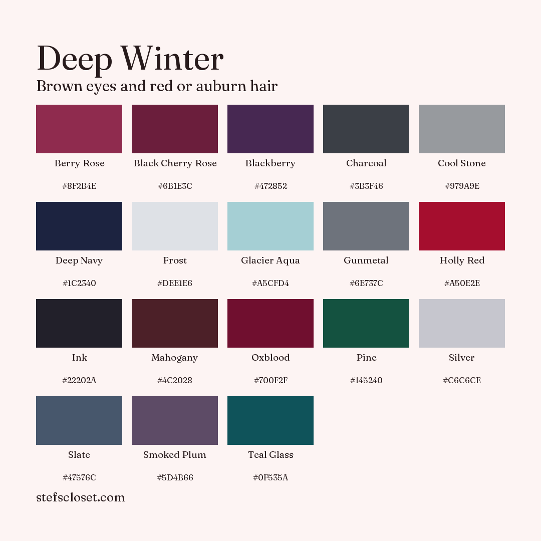 Deep Winter palette: 18 colors, Berry Rose, Black Cherry Rose, Blackberry, and more, each with its hex code.