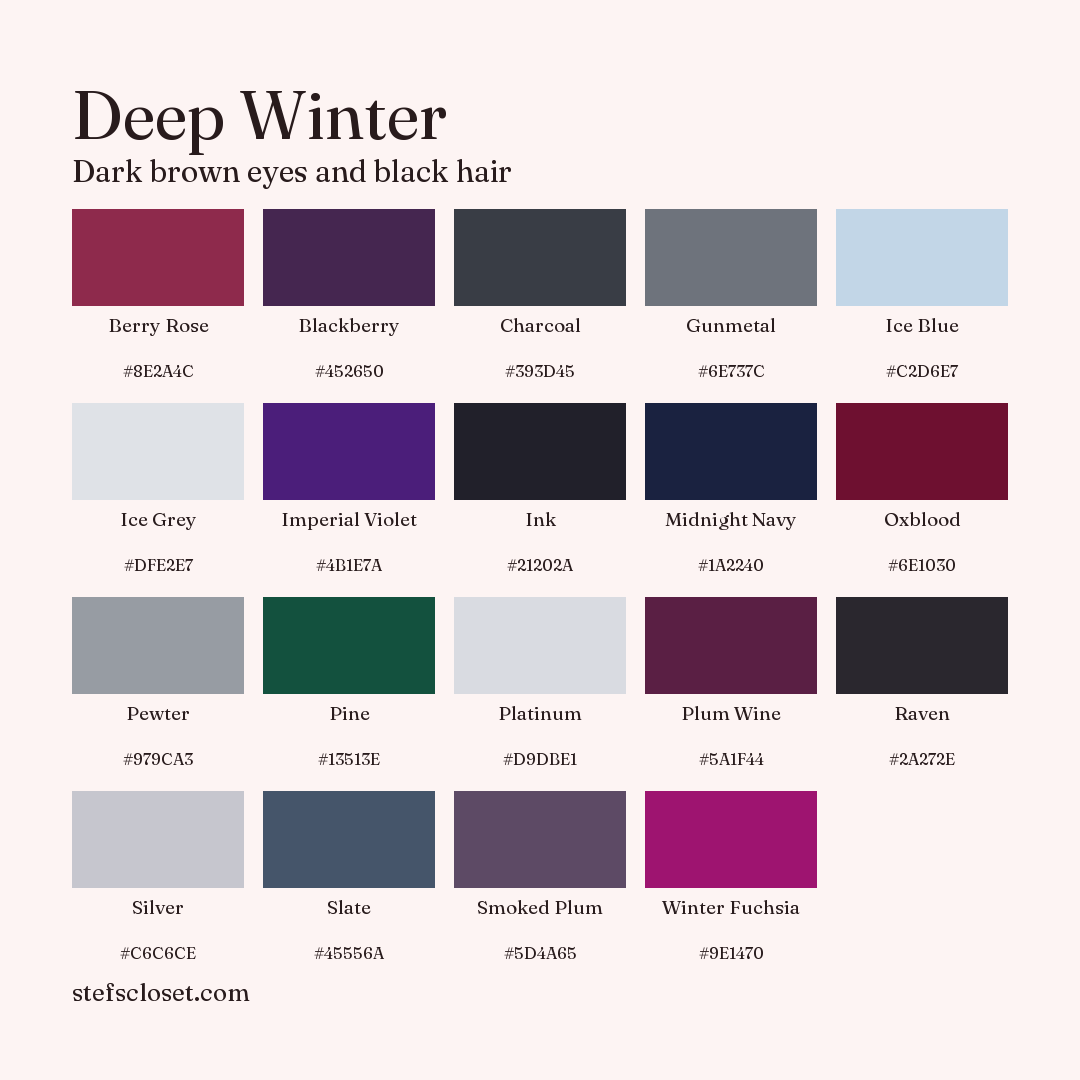 Deep Winter palette: 19 colors, Berry Rose, Blackberry, Charcoal, and more, each with its hex code.