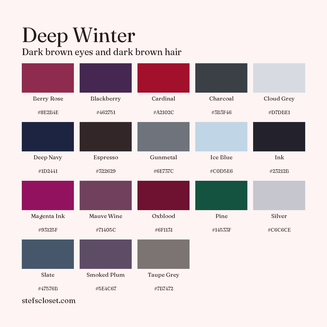 Deep Winter palette: 18 colors, Berry Rose, Blackberry, Cardinal, and more, each with its hex code.