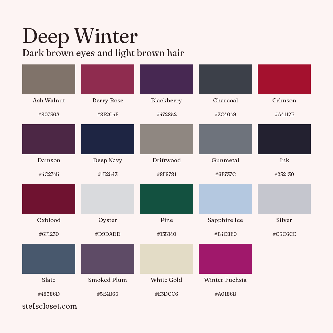 Deep Winter palette: 19 colors, Ash Walnut, Berry Rose, Blackberry, and more, each with its hex code.
