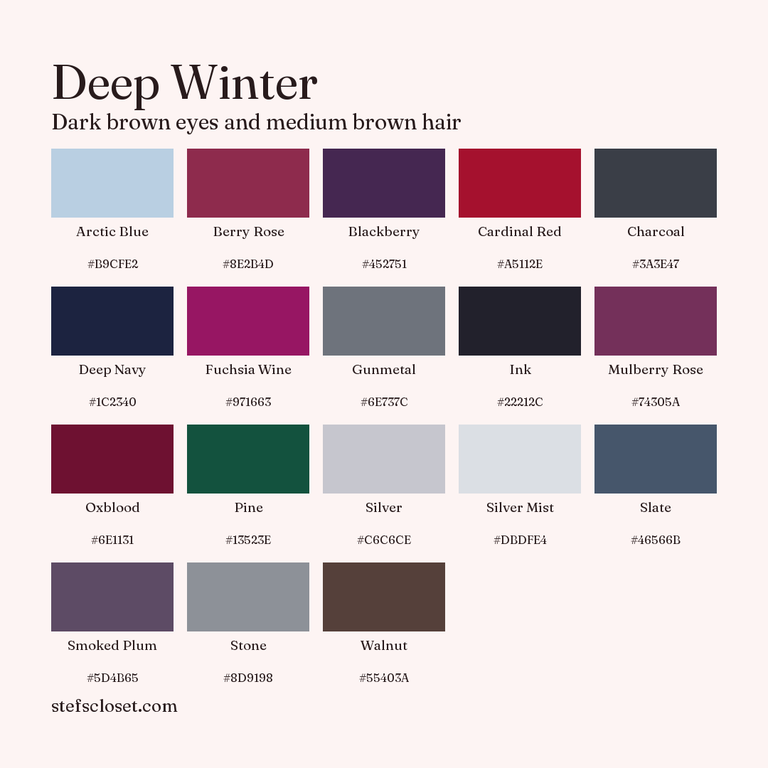 Deep Winter palette: 18 colors, Arctic Blue, Berry Rose, Blackberry, and more, each with its hex code.