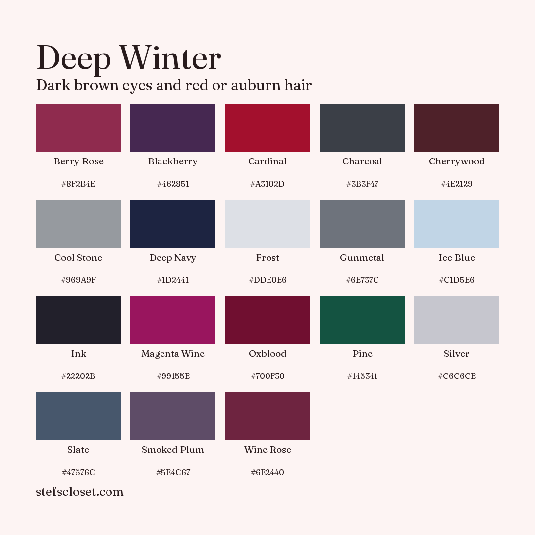 Deep Winter palette: 18 colors, Berry Rose, Blackberry, Cardinal, and more, each with its hex code.