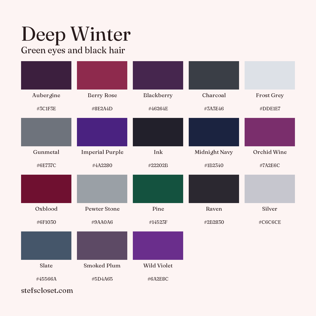 Deep Winter palette: 18 colors, Aubergine, Berry Rose, Blackberry, and more, each with its hex code.