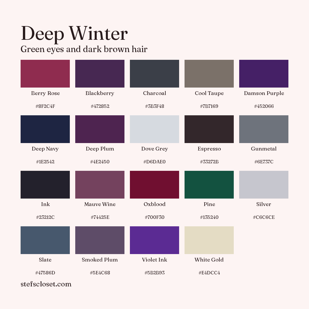 Deep Winter palette: 19 colors, Berry Rose, Blackberry, Charcoal, and more, each with its hex code.